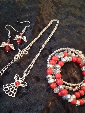 Silver Angel Pendant Necklace and Red Beaded Bracelet & Earring Set